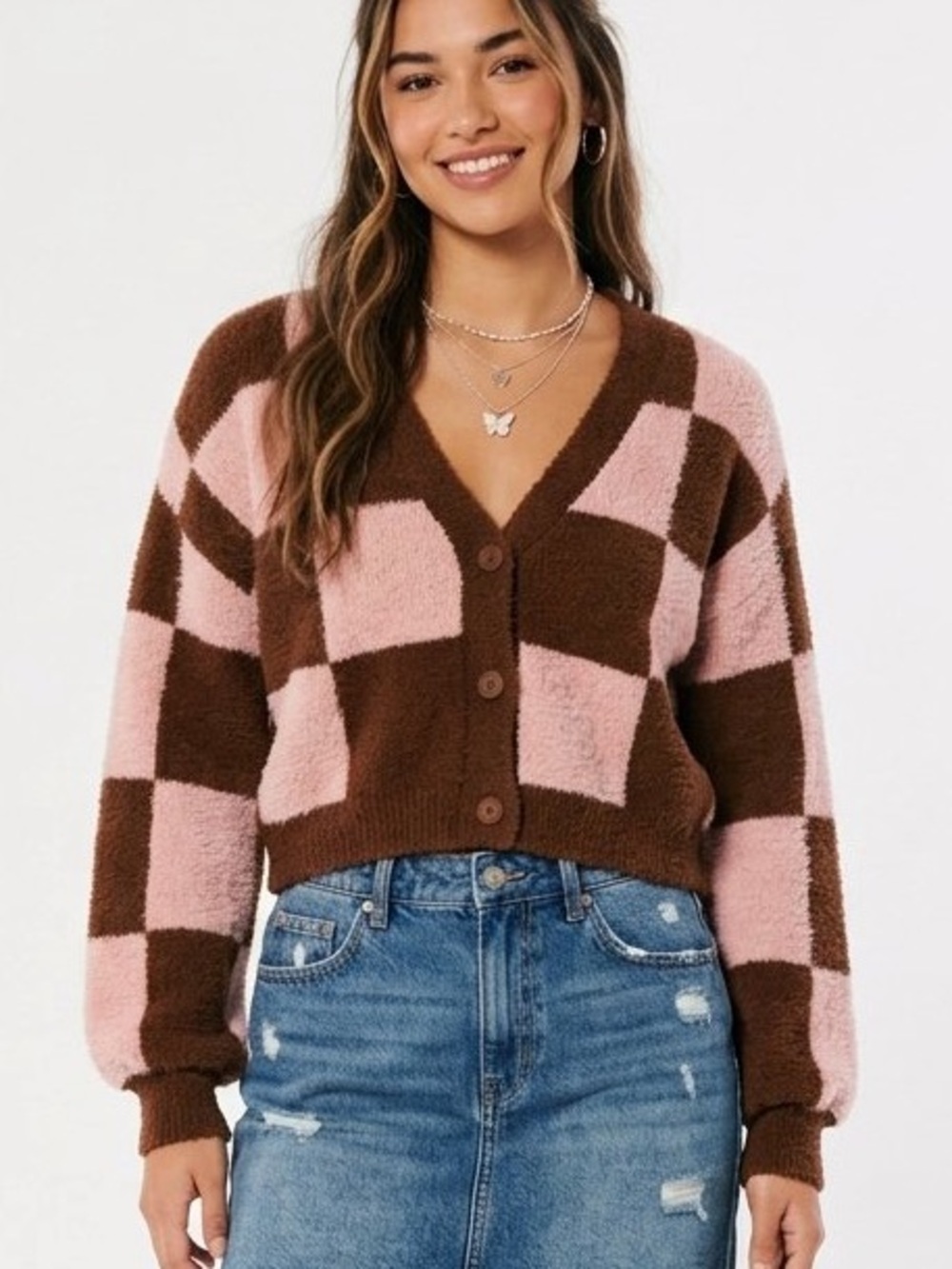No Boundaries Pink And Brown Checkered Fuzzy Cardigan Sweater y2k Large